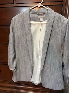 H&M Light Gray Textured Open Blazer with     Gathered sleeves